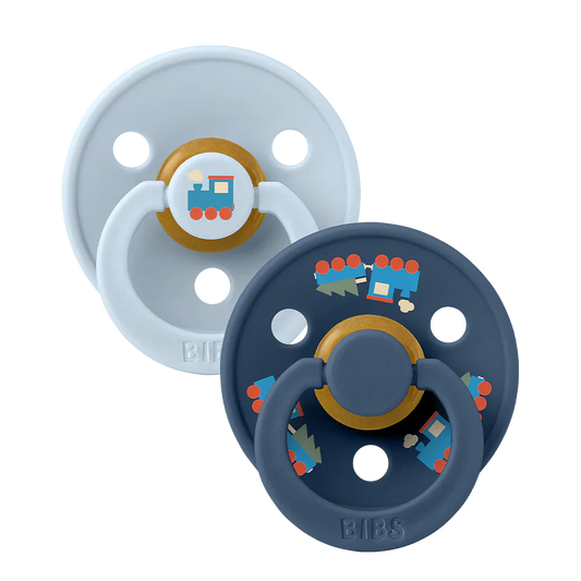 Colour Holiday Train Pacifiers 2 Pack - Baby Blue/Steel Blue - BIBS